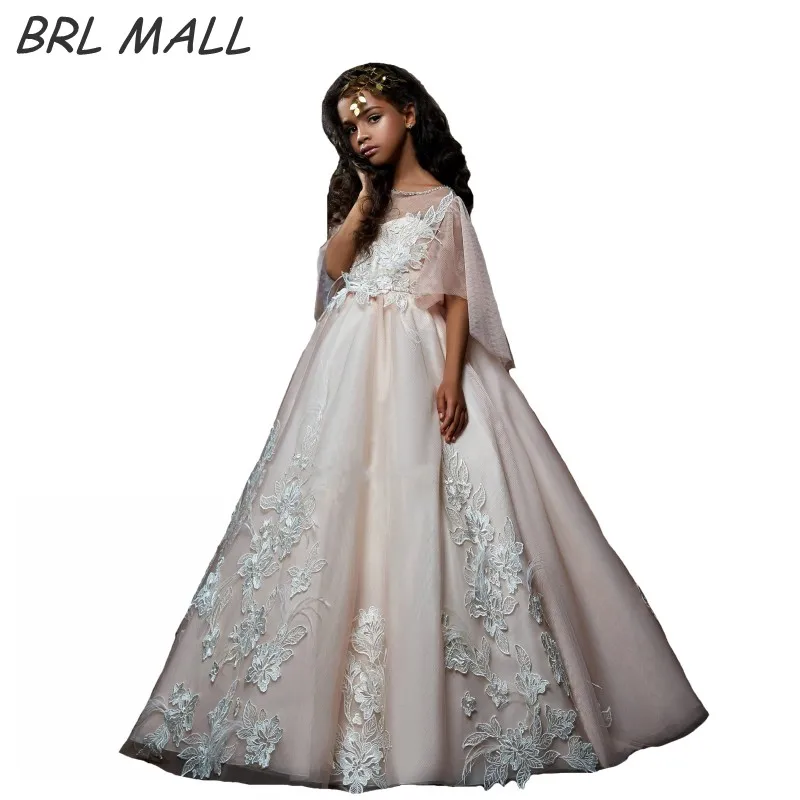 

Elegant Lace Appliques flower girl dresses for weddings 2019 kids Ball gown Short Sleeves Girls Pageant Dress primera comunion