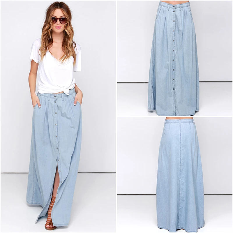 2017 Spring New Casual Light Blue A Line Skirt Button Ankle Length