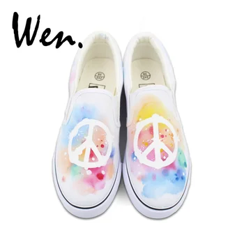 

Wen Women Shallow Mouth Sneakers Watercolor Graffiti Painting Peace Symbol Slip-on Canvas Shoes Hand Painted Espadrilles Flat
