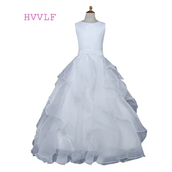 

White Flower Girl Dresses For Weddings Ball Gown Cap Sleeves Organza Ruffles First Communion Dresses For Little Girls