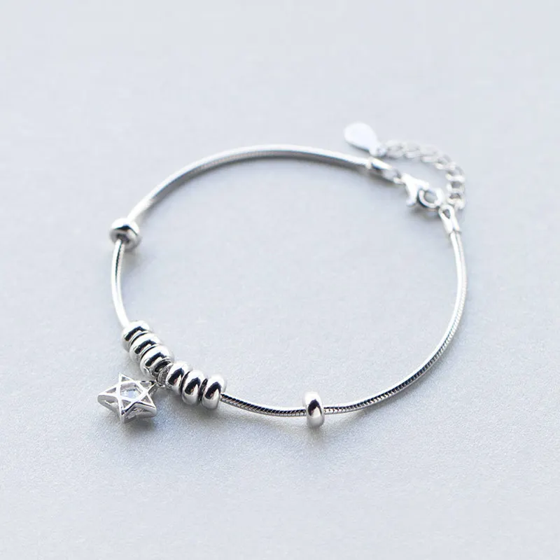 

100% 925 Sterling Silver Bracelets Chain Beads Star Bracelet for Women CZ Crystal Charms Bangle Fashion Jewelry Gift For Girls