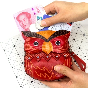 

Vintage Genuine leather coin purses Women Cute wristlet Zipper change purse Cowhide Carving Owl girls coin wallet kids pouch bag