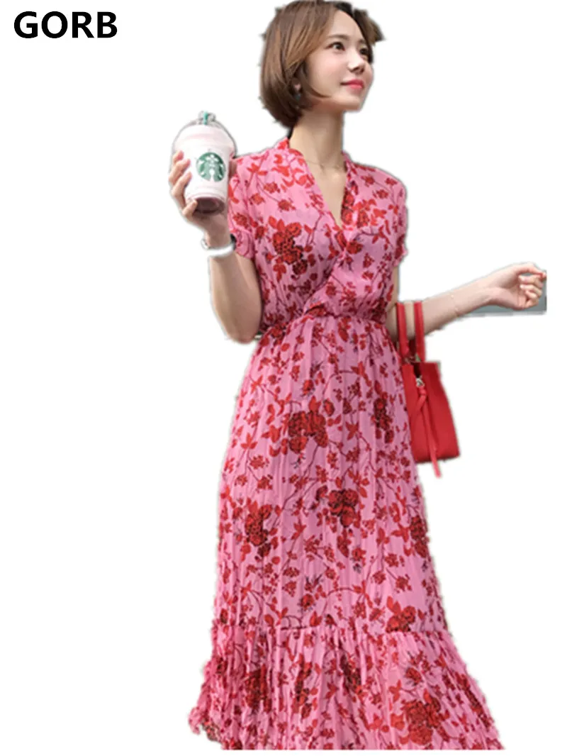 

High Quality 2018 Summer Womens Elastic Waist Print Runway Boho Dress Short Sleeve Ladies V Neck Voile Beach Pleated Long Dress