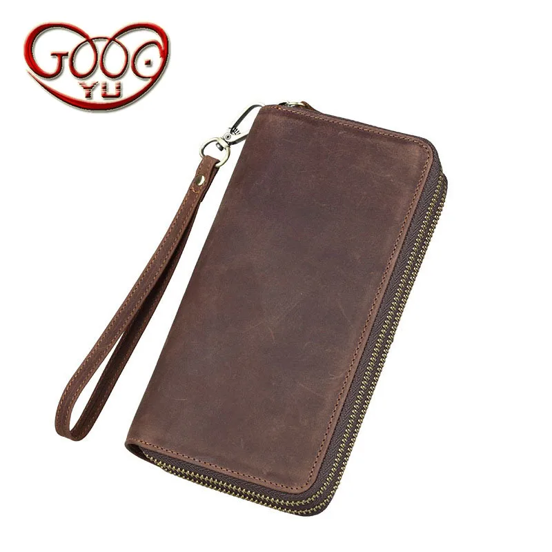 

Europe and the United States style first layer of imported leather double zipper wallet leather vertical section clutch bag genu