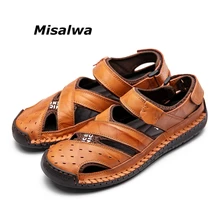 Misalwa/Большие размеры 38-48; мужские кожаные сандалии с круглым носком; Летняя Повседневная модная обувь ручной работы; нескользящая Мужская обувь для папы