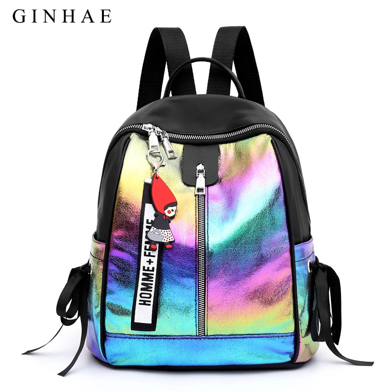 

Luxury Pu Leather Nylon Patchwork Women Backpacks Metallic Color Rucksack School Bags For Teenage Girls Laser Mochila Mujer 2019
