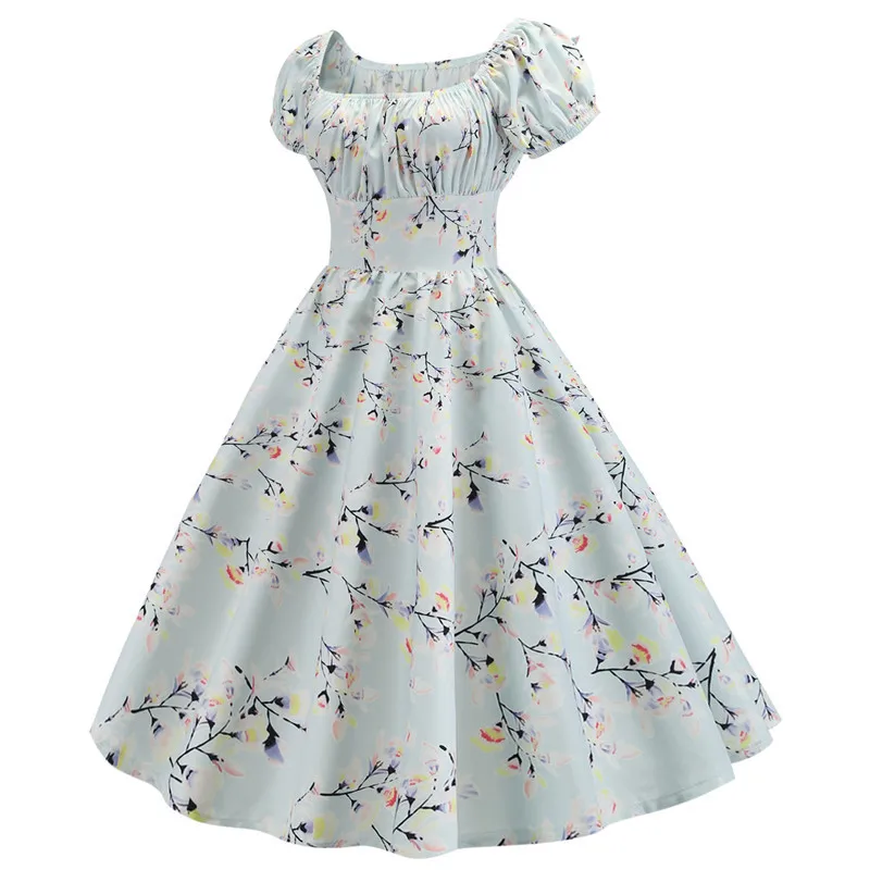 Женское летнее платье с цветочным принтом, элегантные вечерние платья с пышными рукавами, женское Повседневное платье в стиле рокабилли, платье миди