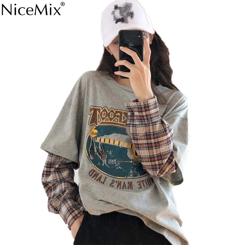 NiceMix Весенняя женская футболка в стиле Харадзюку, пэчворк, имитация 2 шт., принт, длинный рукав, клетчатая футболка, Корейская уличная одежда, женская футболка - Цвет: Серый