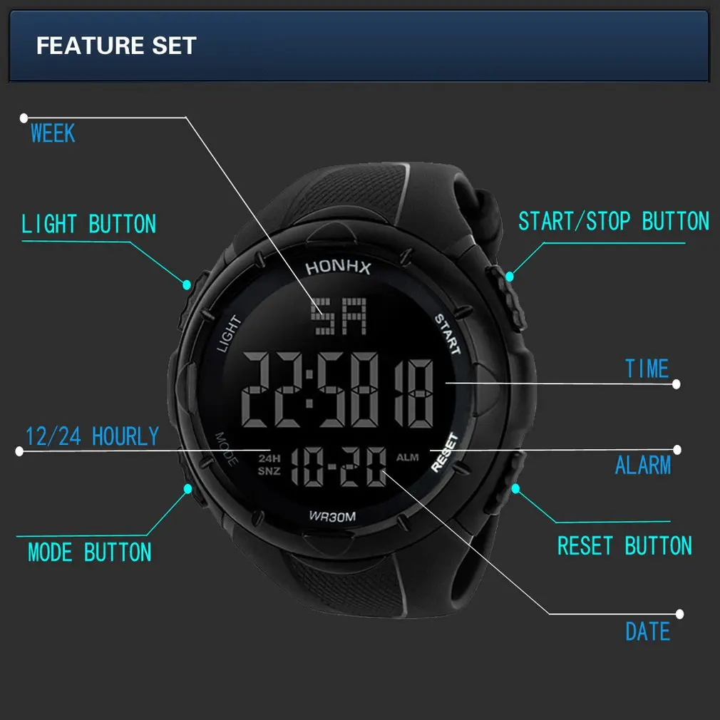 Men Boy Sports Watches LED Electronic Digital Watch 50M Waterproof Casual Outdoor Military Wristwatch Accurately Relogio
