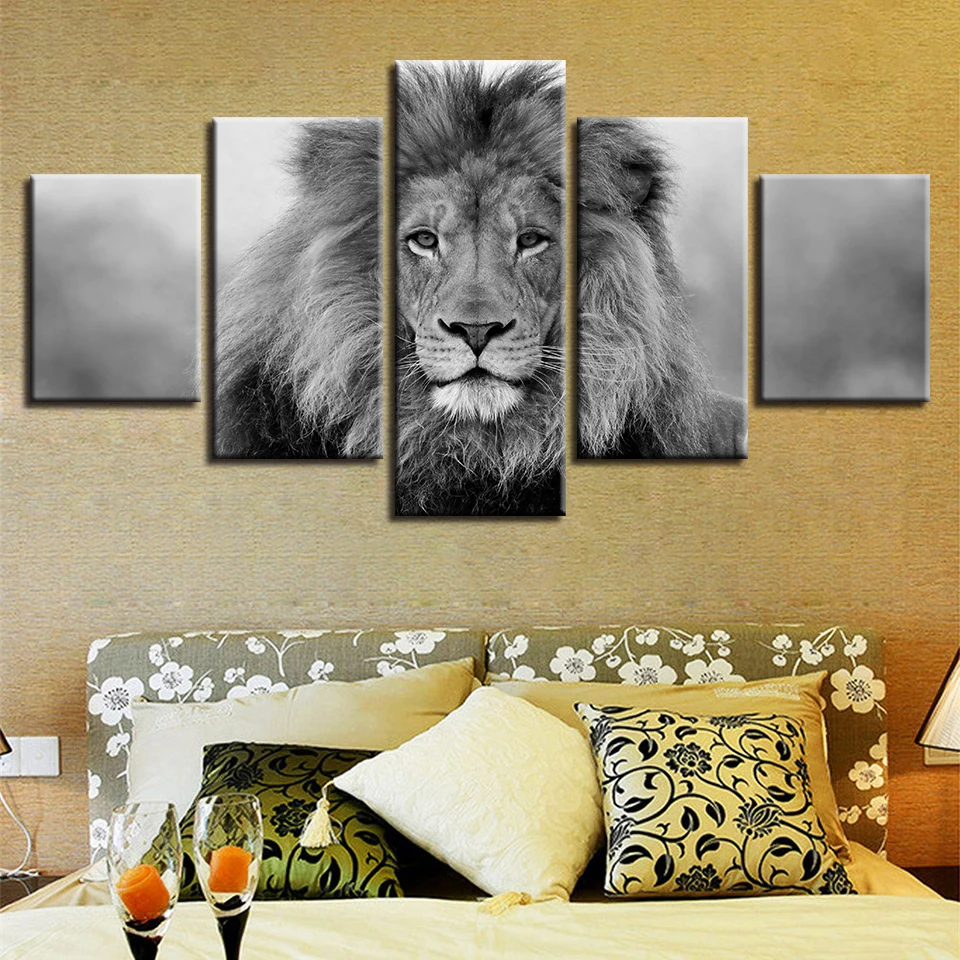 Черно-белые животные модульные картины на холсте 5 шт. плакат со львом декор для гостиной стены HD Печать картины рамки