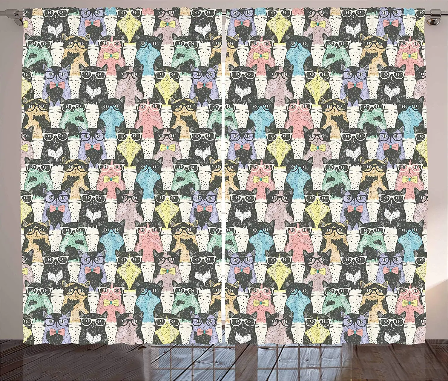 

Cat Curtains Pattern with Hipster Playful Feline Characters with Glasses and Bowties Vintage Style Bedroom Kitchen Window Drapes