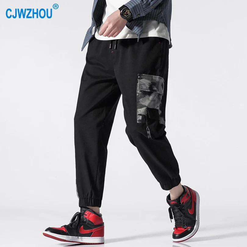 

Cargo Pants Men Cotton Patchwork Jogging Trousers Spring Black Green Many Pockets Pants Ankle Elastic Plus Size Casual Pants Men