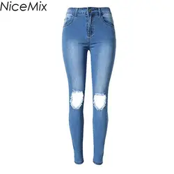 NiceMix бренд 2019 плюс размер джинсы женские высокие Васит джинсы повседневные рваные джинсовые брюки сексуальные Узкие синие брюки-карандаш