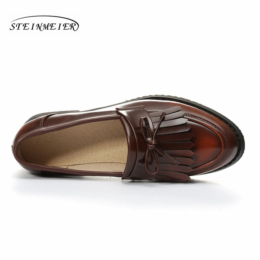 women flat casual shoes 100% genuine cowskin leather bow tassel black brown flat round toe handmade retro brogue handmade shoes Women's Shoes
