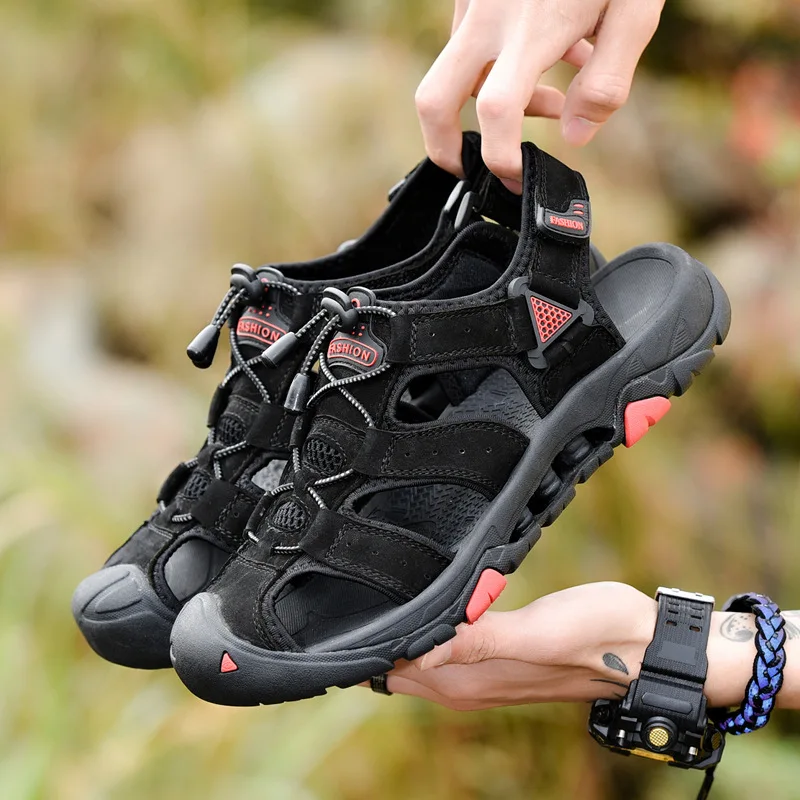 

2019 summer men's sandals outdoor beach shoes leather non-slip anti-collision thick-soled wear-resistant sneakers sandals