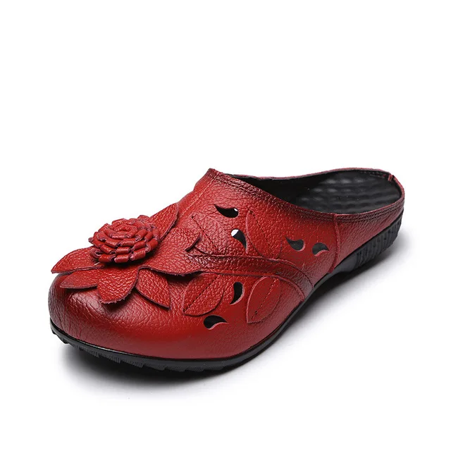 Женские тапочки натуральный спилок, кожа слайды низкий каблук полые Круглый носок цветок шлепанцы на платформе женская обувь zapatos mujer 1008 W - Цвет: red