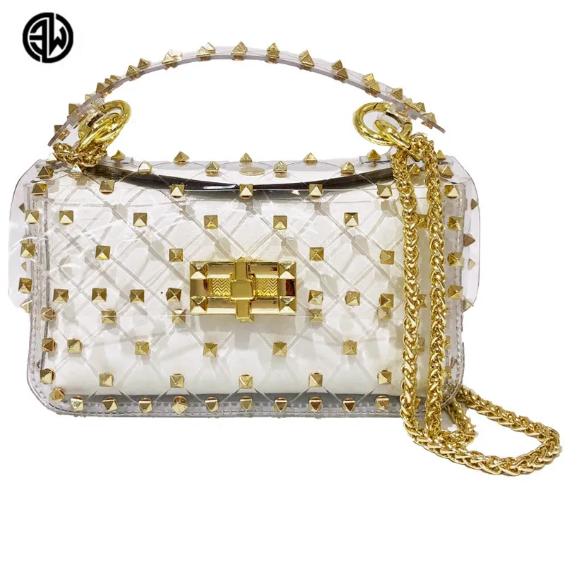 

Latest Hot Transparent Women Shoulder Cross Body Bag with Stud Decoration Gold Metal Chain Strap Inner Bag Luis Vuiton gg bag