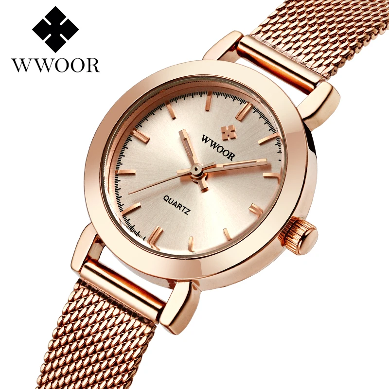 WWOOR Brand Casual Ladies Women Dress Watches Thin Quartz Watch Steel Mesh Band Luxury Gold Bracelet