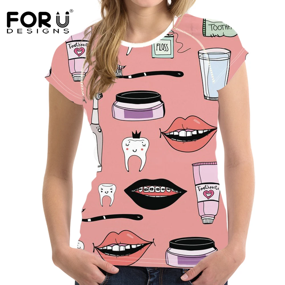 

FORUDESIGNS Dental Equipment Print Women Funny Design T-shirt Ladies Fashion Short Sleeve Tee Shirt Females Kawaii Pattern Tops
