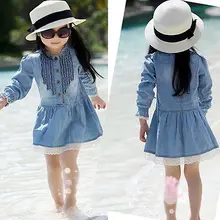 Детская весенне-летняя джинсовая синяя ковбойская одежда с кружевом для девочек От 2 до 8 лет с длинными рукавами Рождественский подарок