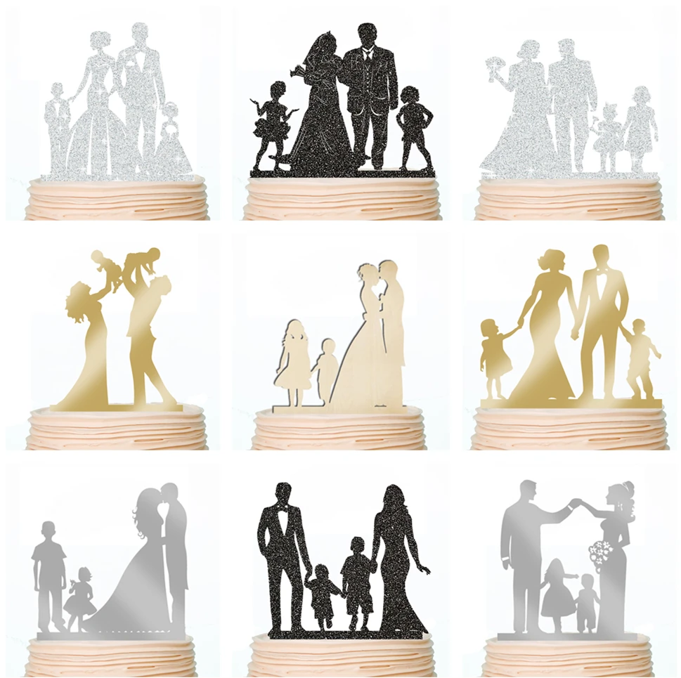 

Wedding Anniversary Cake Toppers Bride and Groom Personalised Family with Two Kids Boys Girls Custom Cakes Decorated Event