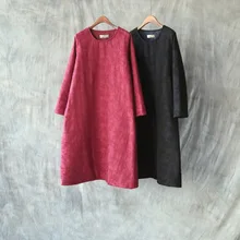 Women Winter Retro Loose Jacquard Thicken Cotton Linen Dress Robes 2016 Vintage Long Sleeve Thick Qualited Dress Embroidered