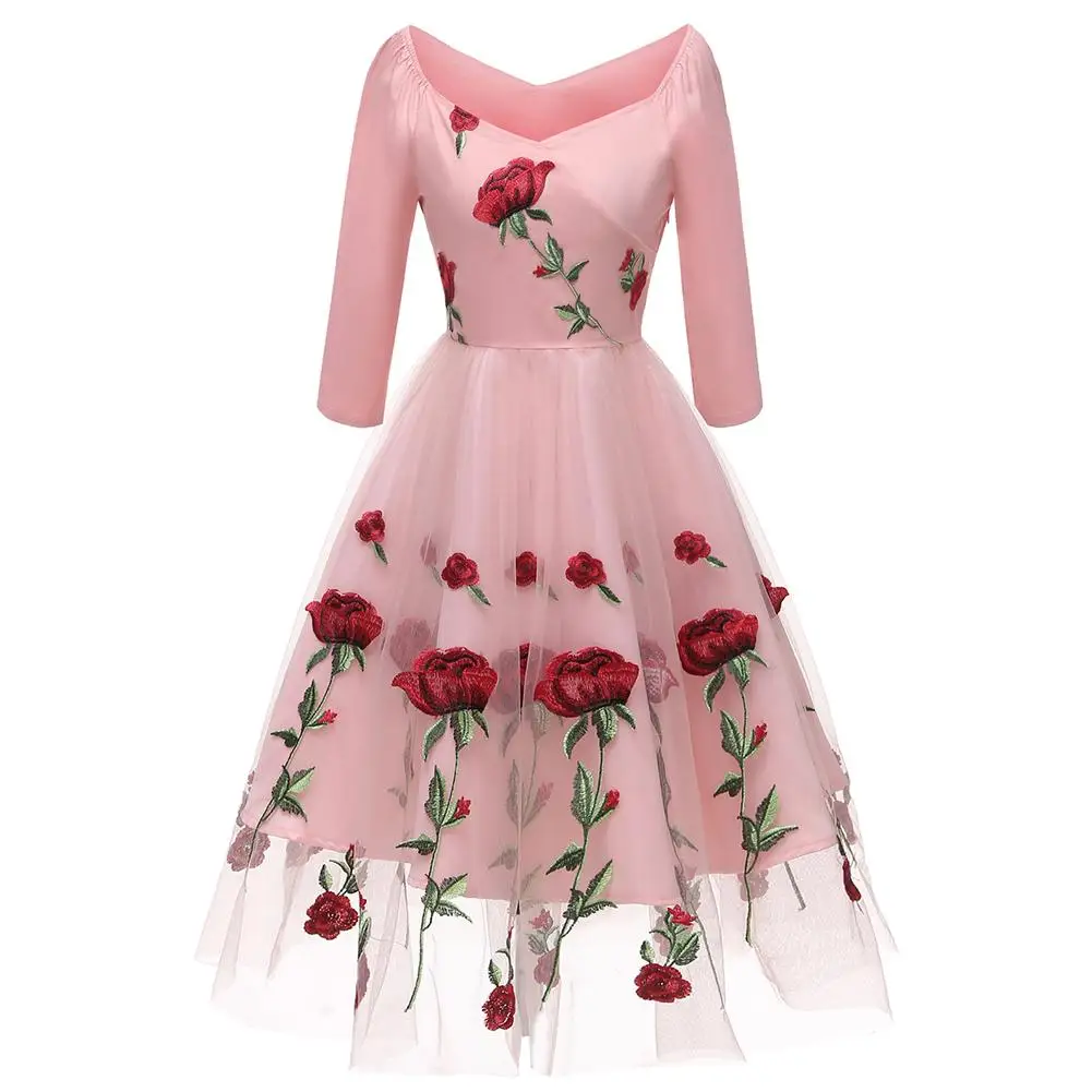 

Sweet Style Retro 50'S Hepburn Style Sexy V-neck Long-sleeved Rose Embroidered Mesh Stitching Large Swing Three Quarter Dress