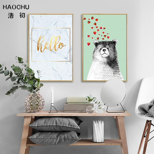 HAOCHU Leuke Zwarte Beer Vogel Tekening Muur Foto Schets Canvas ... HAOCHU Leuke Zwarte Beer Vogel Tekening Muur Foto Schets Canvas ...