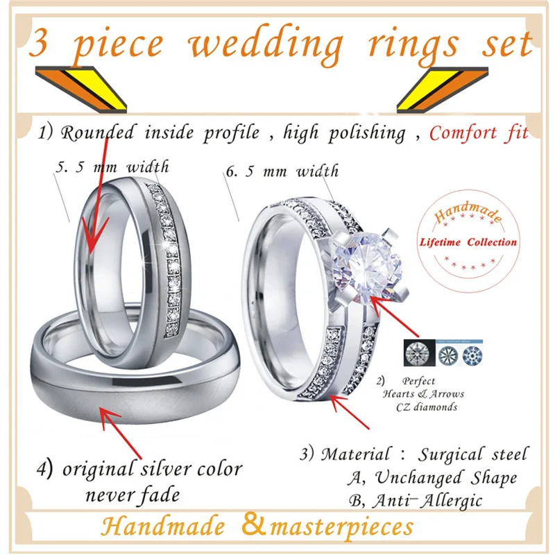 Never Fade Wedding Band Engagement Rings for Women Men 3 Bridal sets Rings Silver White Gold Color Promise Couple Ring (1)