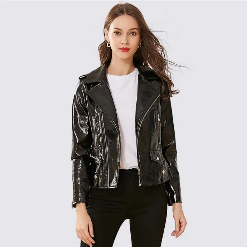 

New bright fabric leather jackets female European American female temperament pu leather college locomotive lapel jacket wq2328