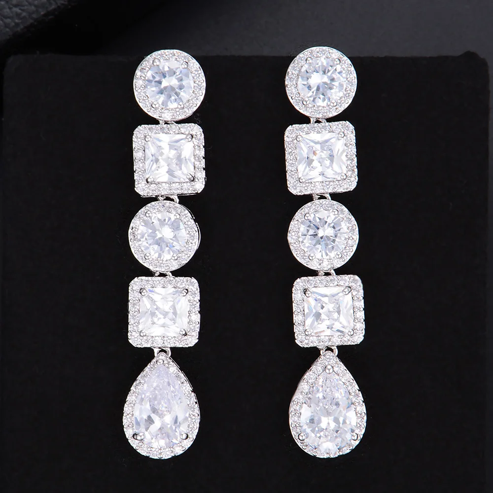 

Trendy Silver Color Geometry Round Square Waterdrop Cubic Zirconia Long Dangle Drop Earrings For Women Girls