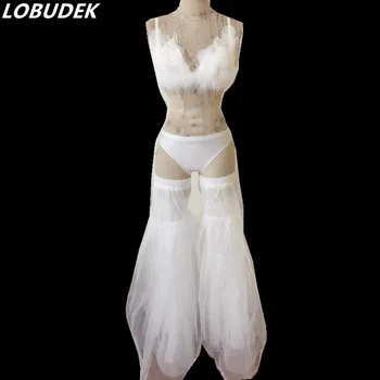 

White feather Bikini legging 3 Piece Set Stage show Evening party Costume Nightclub Bar DJ Singer Dance Performance prom