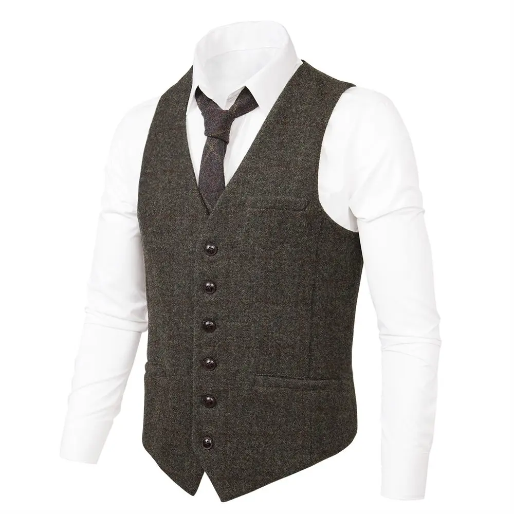 

VOBOOM Gray Plaid Waistcoat Men 100% Wool Tweed Windowpane Suit Vest Male Classic Fit Vests Wedding Business Casual Fits 008