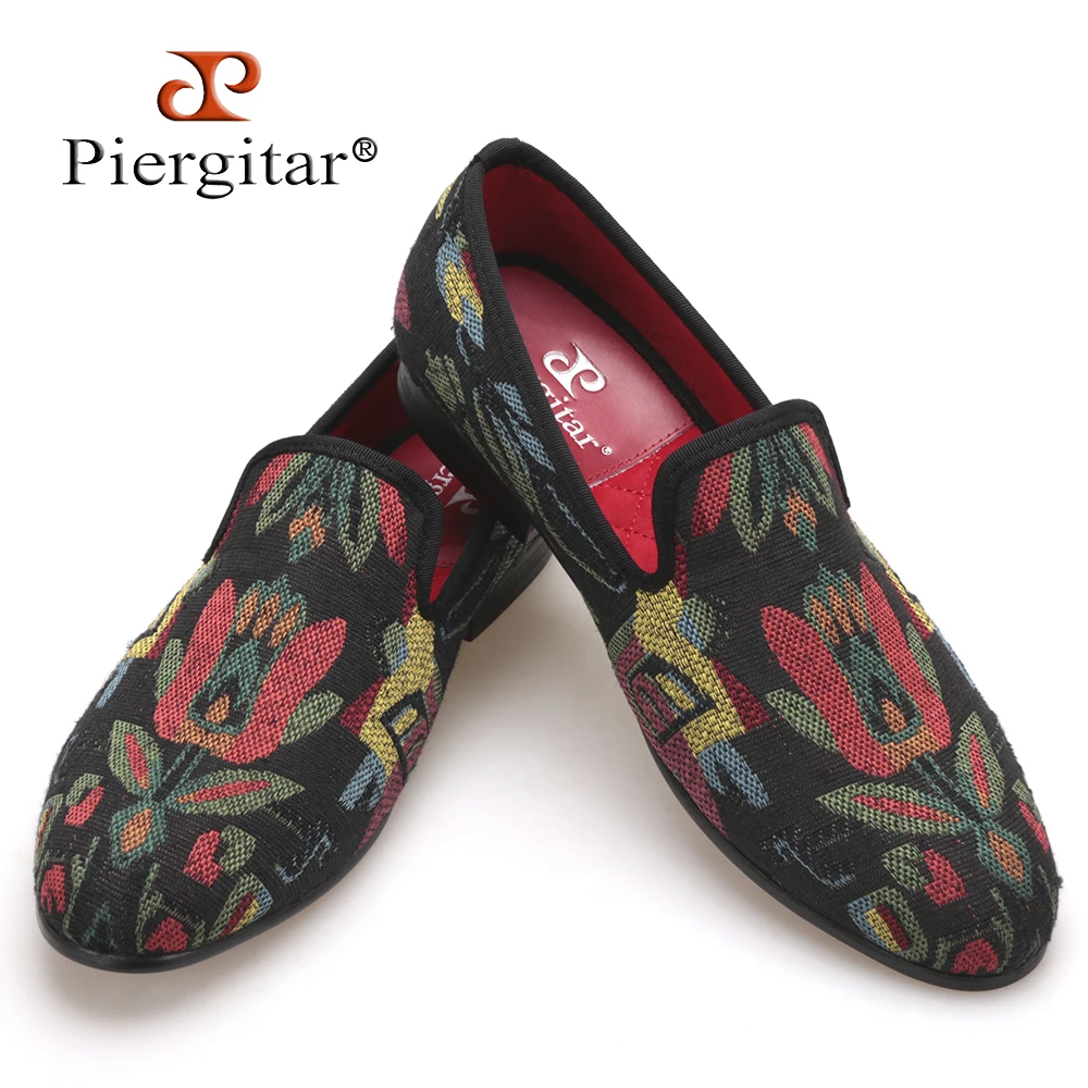 Piergitar mixed color abstract flower men knitting shoes Fashion handmade loafers occident style smoking slipper men's flats