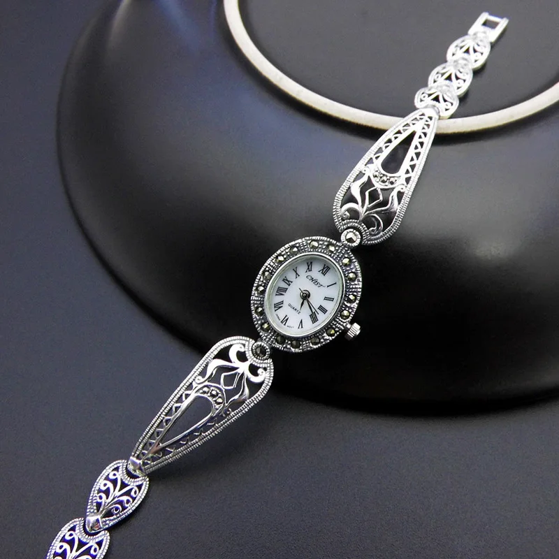 

Authentic S925 Sterling Silver Retro Thai Silver Watch Vintage Fashion Ladies Silver Detachable Section Bracelet