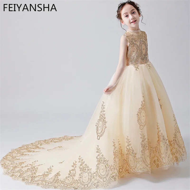 Champagne Flower Girl Dresses with Sash Lace Appliques Custom Made Ball Gown First Communion Dresses for Girls Elegant Hot Sale