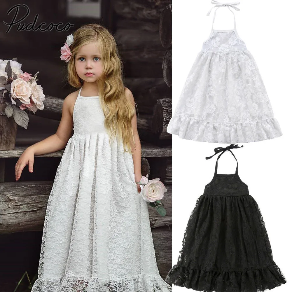 2018 Brand New Summer Toddler Infant Kid Baby Girl Pageant Princess Backless Solid Lace Strap Dress Maxi Sundress 1-7T | Детская одежда