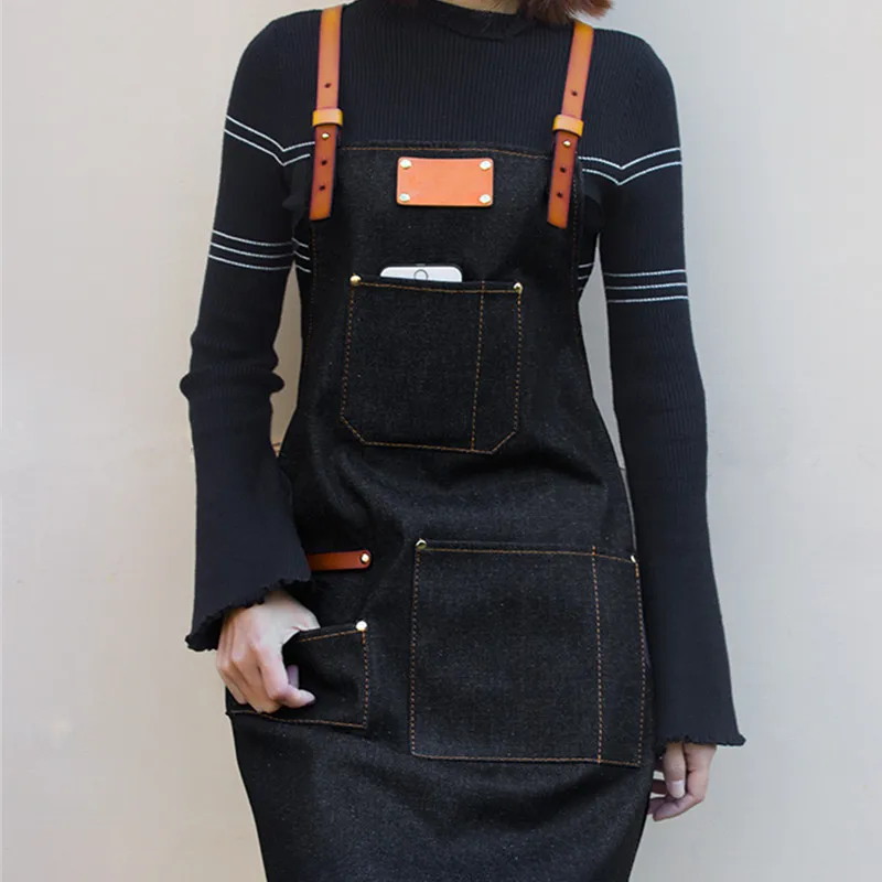 Black Gray Denim Apron Leather Straps D82A-4