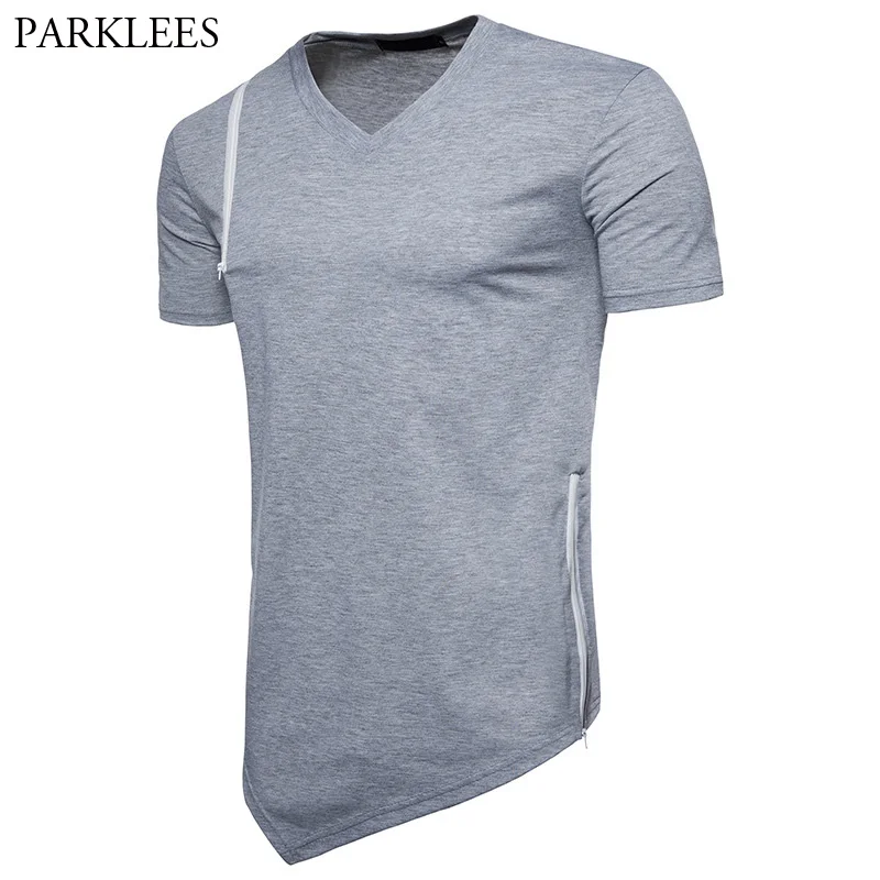 

Longline Men T Shirt 2018 Splicing Zipper V Neck T Shirt Men Summer Short Sleeve Tee Shirt Homme Casual Hip Hop Hi Street Tops