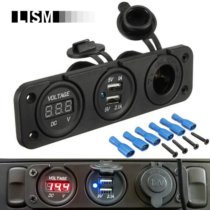 Beste 12 V 2 USB Duel Poorten Auto oplader Sigarettenaansteker Splitter Plug Adapter Power Auto Motor Boot + Digitale Voltmeter