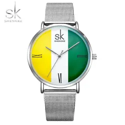 Shengke простой Стиль полосой Сращивание Для женщин часы модные сетчатые ремень кварцевые наручные часы для женщина часы SK 2018 relogio feminino