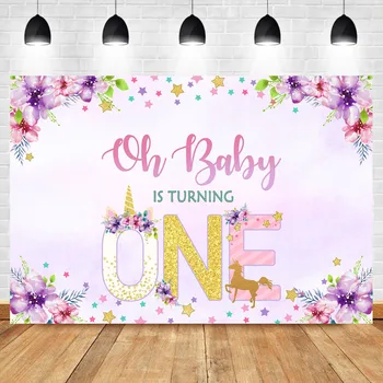 

NeoBack First Birthday Backdrop Unicorn 1th Birthday Party Photo Background Purple Flowers Little Star Photography Backdrops