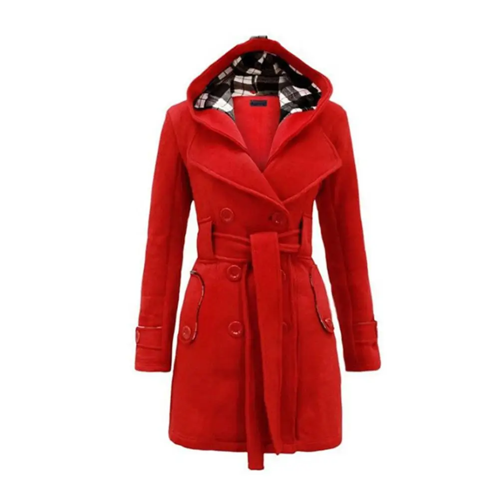 Модные осенне-зимние женские длинные шерстяные пальто, однотонная черная серая верхняя одежда, Женское пальто с капюшоном, повседневные куртки, теплые флисовые женские куртки - Цвет: Красный
