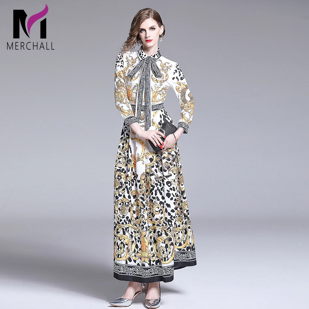 

Merchall 2019 Summer Ladies Designer Vintage Leopard Print Bowknot Neck Runway Long Sleeve Office Work Maxi Long Dress Clothes