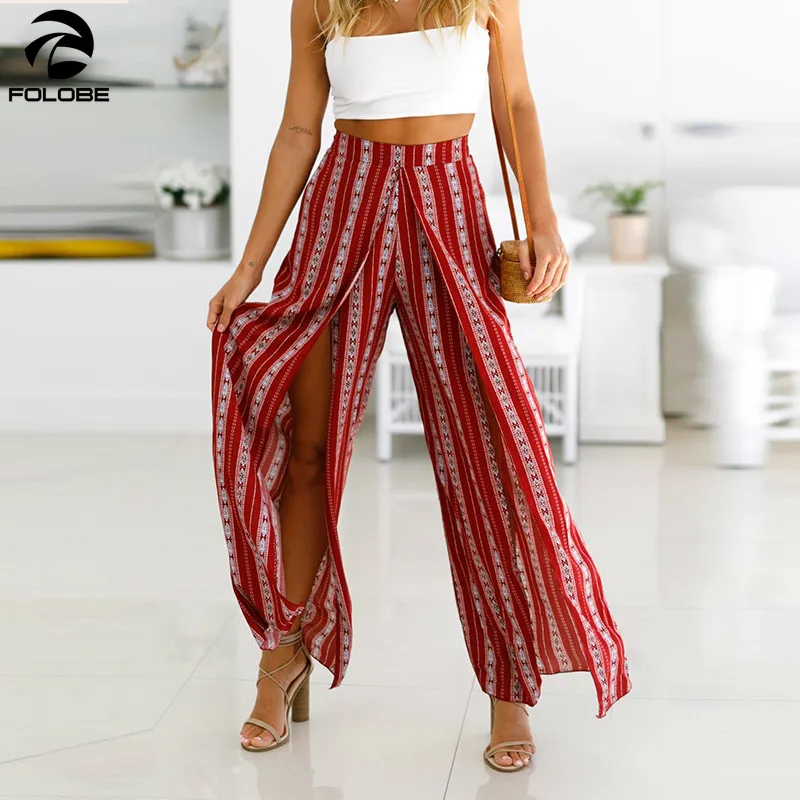 

FOLOBE Bohemian Striped Women Wide Leg Pants Casual High Waist Beach Boho Female Trousers 2019 Summer Sexy Split Long Pants