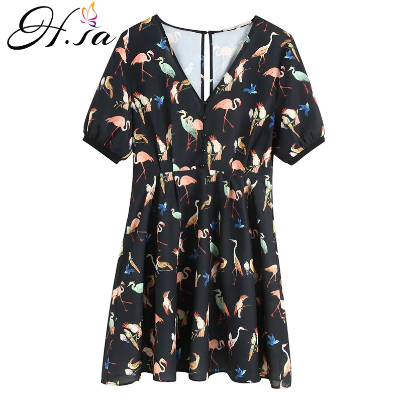 

H.SA Summer Black Pleated Dress for Women 2019 Short Sleeve Low V neck Sexy Mini Vestdios de Festa Flamingo Summer Dress Sexy
