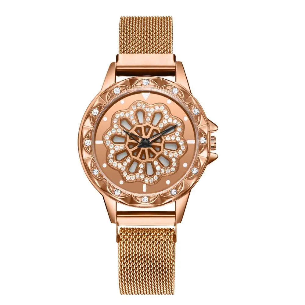 Дропшиппинг роскошные магнитные часы 360 вращающийся циферблат дизайн часы Lucky браслет из нержавеющей стали Кварцевые часы Relogio Feminino - Цвет: Розовый