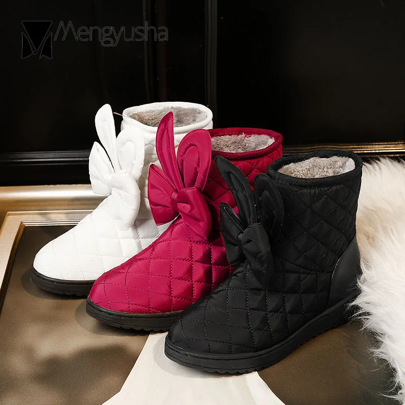 

cute rabbit ear snow boots women bowtie plaid ankle boots designer cotton padded short winter boots women plush boats mujer c831
