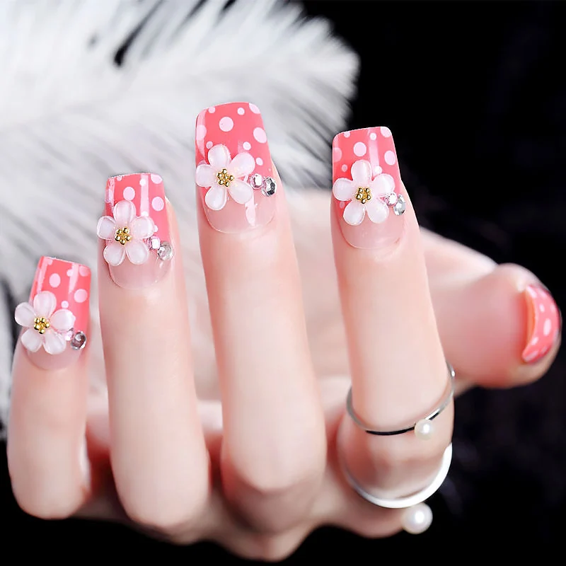 24 шт DIY 3D цветок Мода Накладные ногти полное покрытие акриловый дизайн ногтей советы с клеем девушки сладкий розовый цвет французский стиль поддельные ногти - Цвет: As show