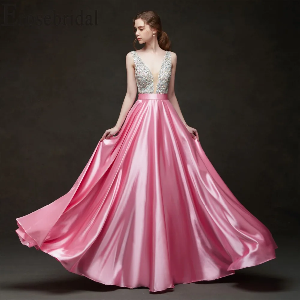

Erosebridal Evening Dress Long 2019 A Line V Neck Beading Robe De Soiree Soft Satin Formal Dress Women Elegant Gown In Stock